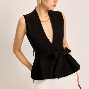 Commense Belted Deep V-Neck Sleeveless Top